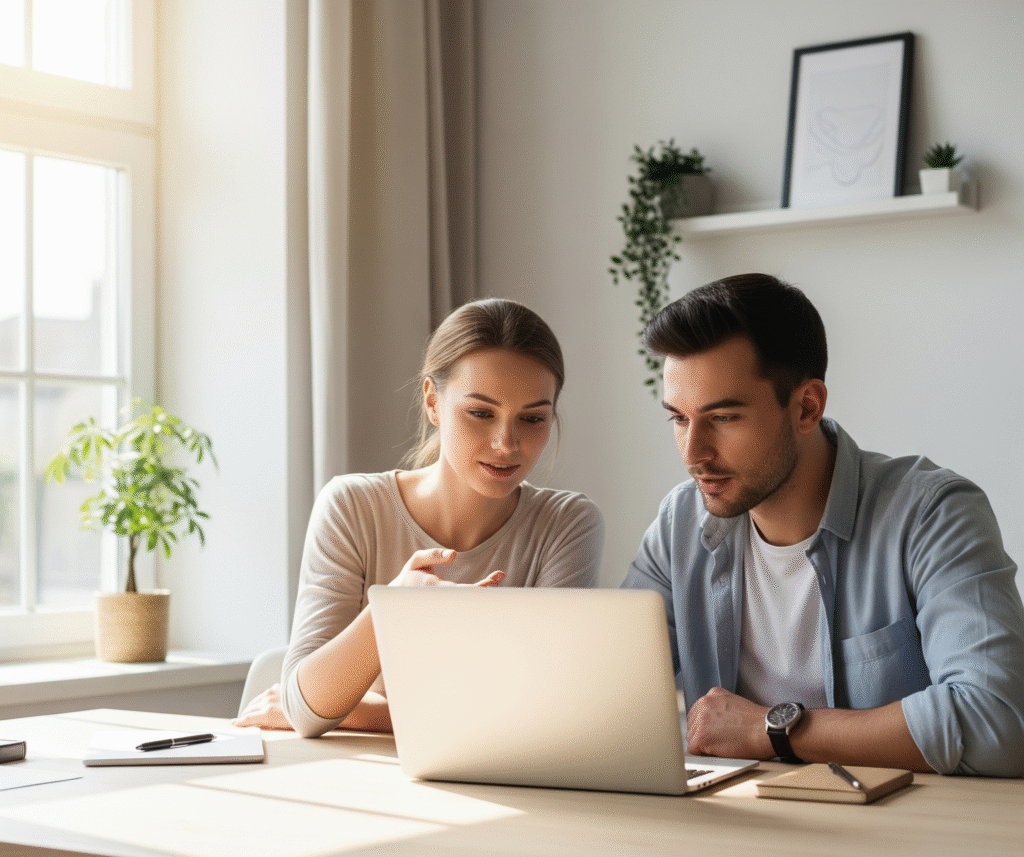 Kobieta i mężczyzna siedzą przy biurku z laptopem, angażując się w wspólną aktywność online.