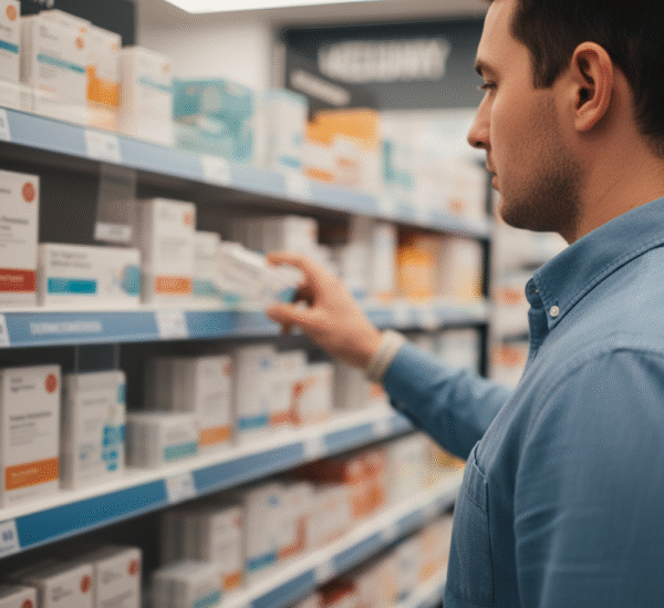 Mężczyzna w niebieskiej koszuli wybiera test diagnostyczny z półki w aptece.