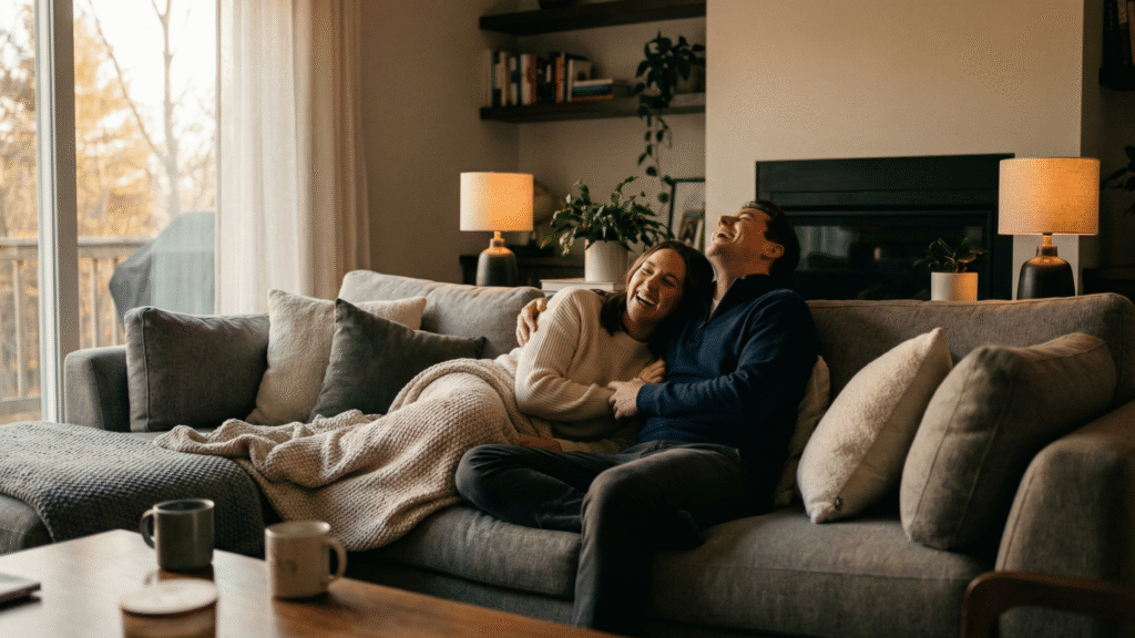 Zrelaksowana para w intymnym objęciu na kanapie, symbolizująca spokój ducha i bezpieczeństwo w relacji seksualnej dzięki szczepieniom przeciwko HPV i badaniom STI